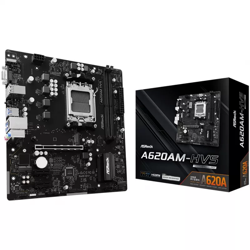 Motherboard ASRock A620AM-HVS Micro ATX — AMD A620A chipset, Socket AM5, DDR5, 2 DIMM, up to 128 GB, HDMI 2.1, M.2 2280