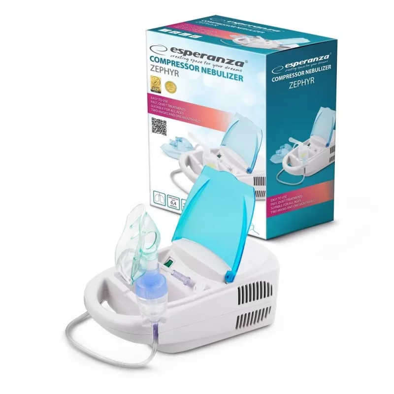 Tabletop mesh nebulizer ESPERANZA ECN002 — 0.4 ml/min nebulisation, 10 ml capacity, adult & child masks, mouthpiece, 220 V