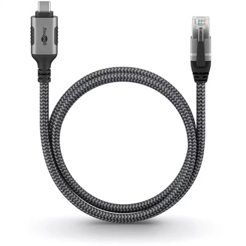 Ethernet-Cable USB-C 3.2 Gen2 Plug > RJ-45 Plug, LAN-Adapter black/Silver, 2 Meter, braided textile jacket