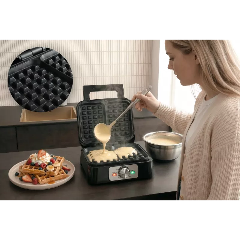 Waffle maker PROMIS WAP1600 — 2-portion rectangular plates, 1200 W, non-stick, thermostat, cool-touch handle, LED indicators