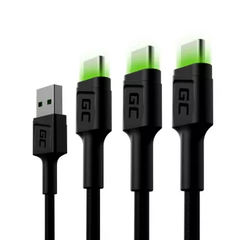 USB-C cable Green Cell KABGCSET02 1.2 m (USB A to USB C, 2.4 A, 480 Mbps) 3-pack with LED backlight
