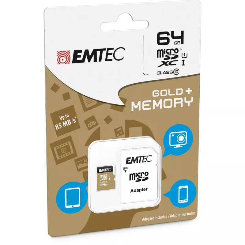 EMTEC Gold+ - Flash Memory Card (SD-Adapter inbegriffen) - 64GB - Class 10 - microSD - Gold (ECMSDM64GXC10GP)
