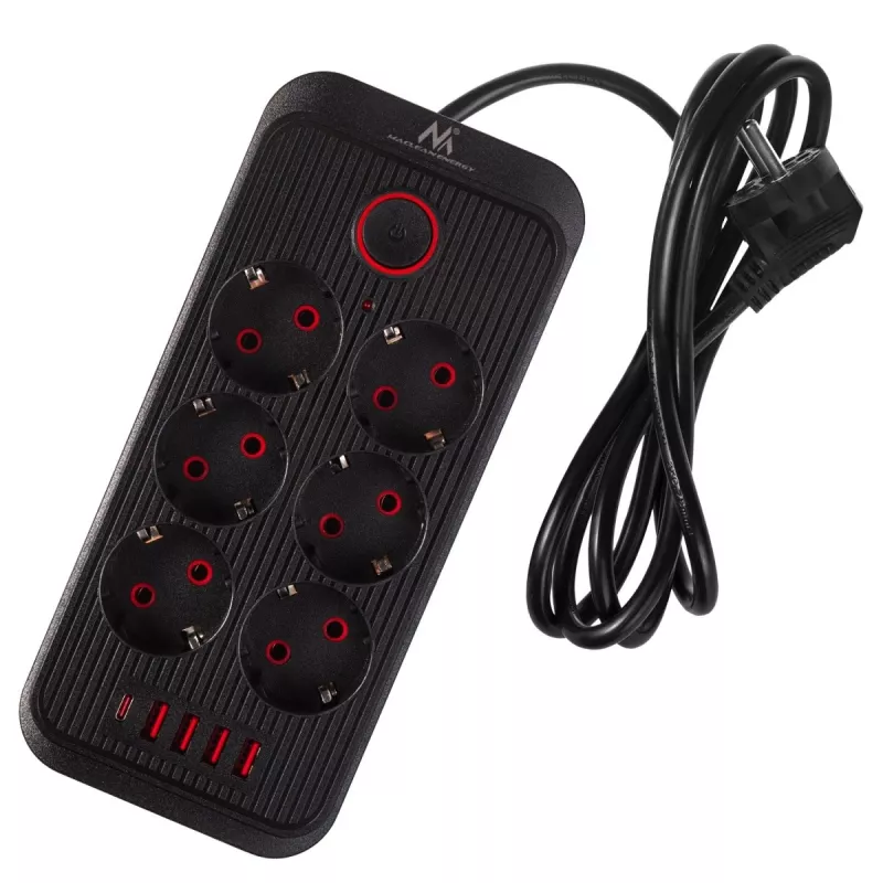 Power strip MACLEAN MCE389 B — 6 sockets, 4×USB-A + 1×USB-C, 110–240V, 2.1A, 2500W, 1.5 m cable, black
