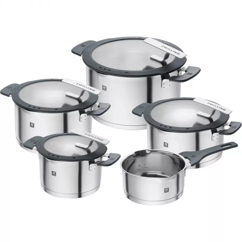 ZWILLING stainless steel pan set SIMPLIFY 5 pcs — dishwasher & oven safe, glass lids, suitable for ceramic hobs
