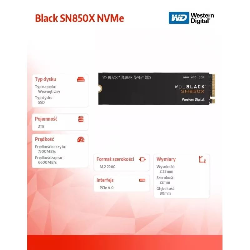 WD Black SN850X 2TB SSD M.2 2280 NVME PCI-E Gen4 Solid State Drive (WDS200T2X0E)