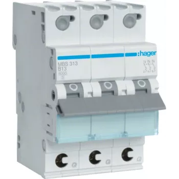 Hager MBS313. Rated Current: 13 A, AC Input Frequency: 50/60 Hz, Nominal Current Output: 13 A. Type: B-type, Module Quantity (max): 3 Module(e). Width: 52,5 mm, Depth: 70 mm, Heigh