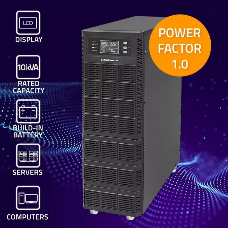 Qoltec 52284 Uninterruptible Power Supply UPS | 10kVA | 10000W | Power factor 1.0 | LCD | EPO | USB | On-line