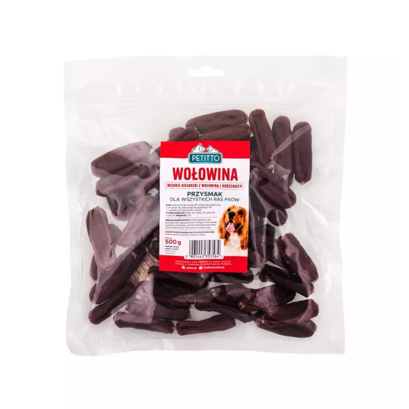 Dog treats PETITTO Soft beef sausages 500 g — soft training snacks, 33% protein, 4% fat, gluten- and sugar-free
