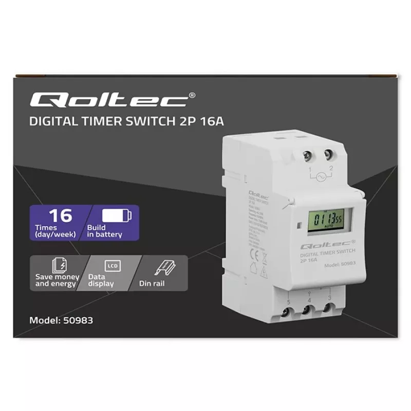 DIN rail electronic timer switch QOLTEC 50983, battery powered, for automation circuits