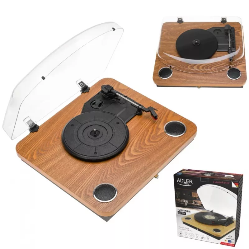 Analogue belt-drive turntable Adler AD 1914 with USB port, ceramic platter, DC motor, 33 1/3 rpm, Bluetooth 5.4, RCA outputs, built-in speakers