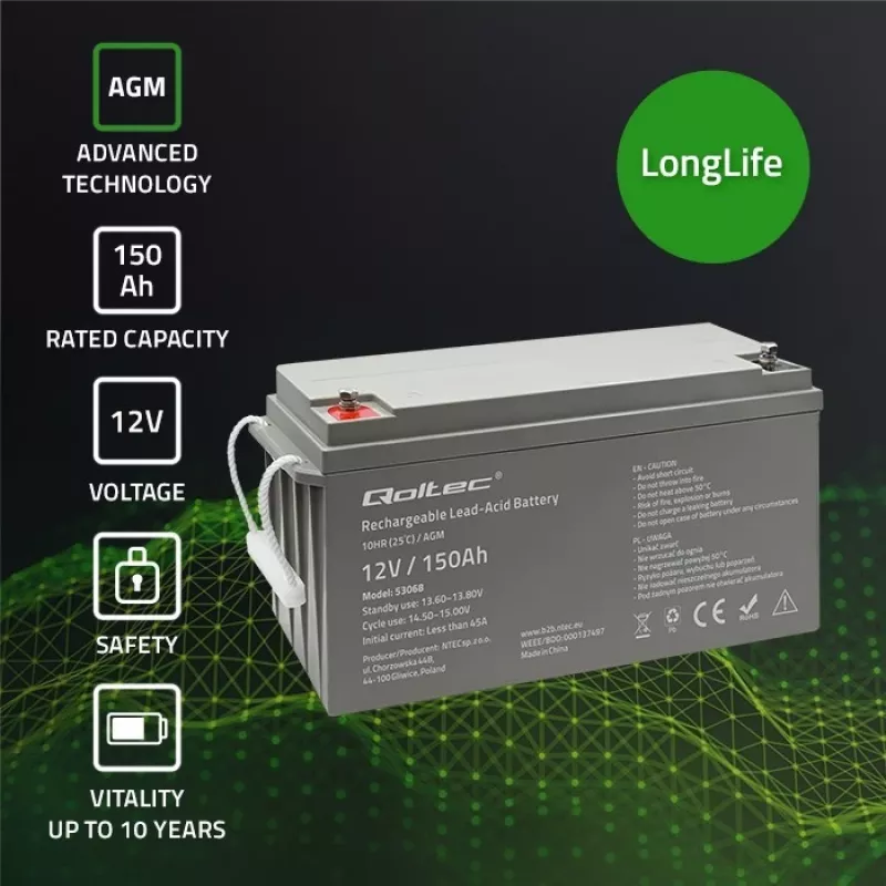 Qoltec 53068 AGM battery | 12V | 150Ah | max. 2250A