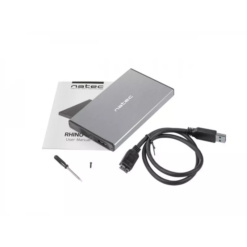 External HDD/SSD enclosure NATEC Rhino GO — 2.5 inch SATA, 9.5 mm, USB 3.0, aluminium, grey, up to 4 TB
