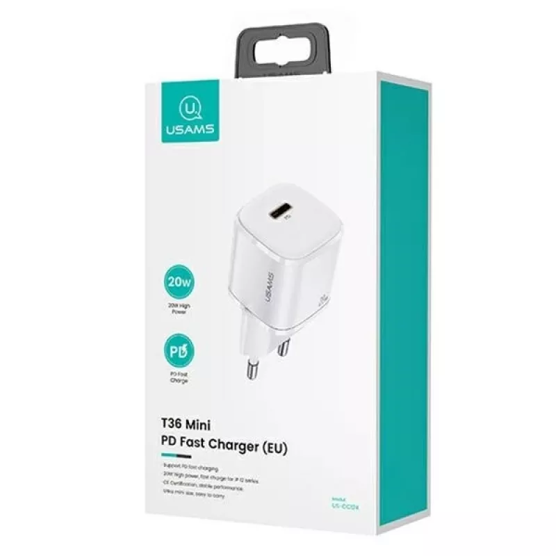 Portable phone charger usams T36 with 1x USB-C PD3.0 and built-in Lightning cable