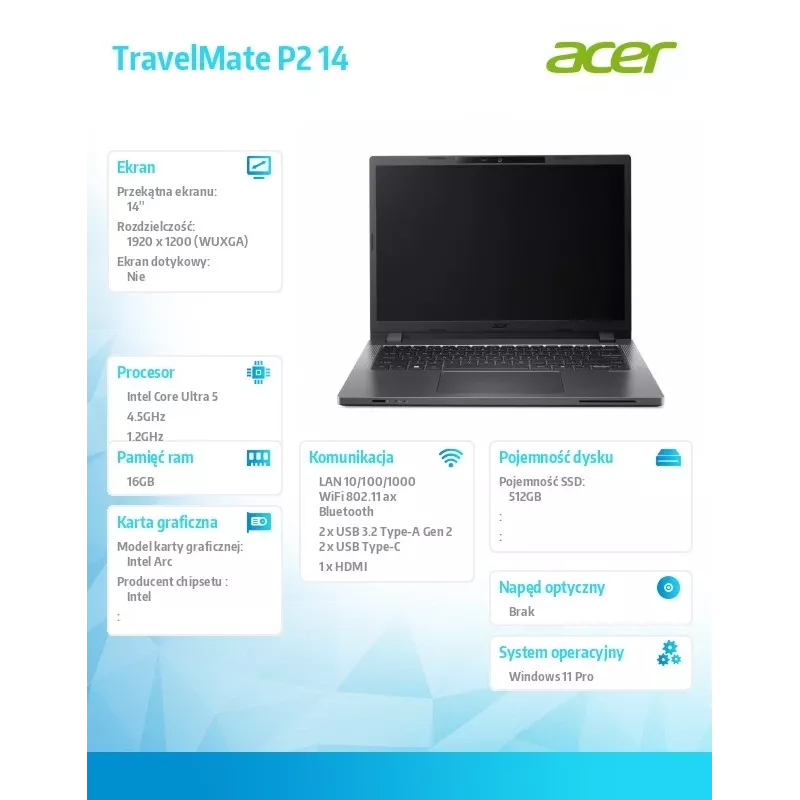 Laptop Acer TravelMate P2 TMP214-75-G3-TCO 14 inch WUXGA IPS, Intel Core i5-125H, 16GB RAM, 512GB SSD, Fingerprint, SmartCard, Windows 11 Pro, 3y Onsite NBD