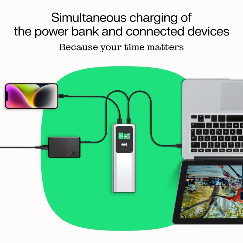Portable battery Green Cell PBGC25UD, 25200 mAh, Li‑Ion, 140 W total, 2× USB‑C + 1× USB‑A, OLED display, aluminium housing