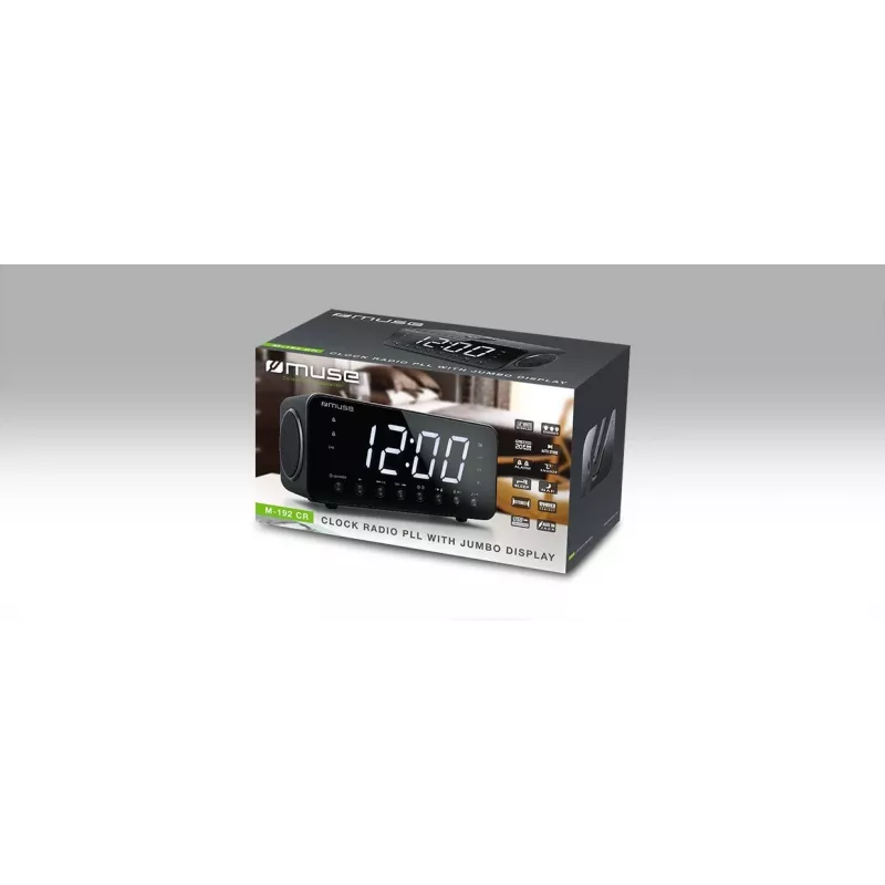 Clock radio Muse M-192 CR — digital clock, FM tuner, 1.8 inch LED display, black wood, AC 100–240V, AAA backup