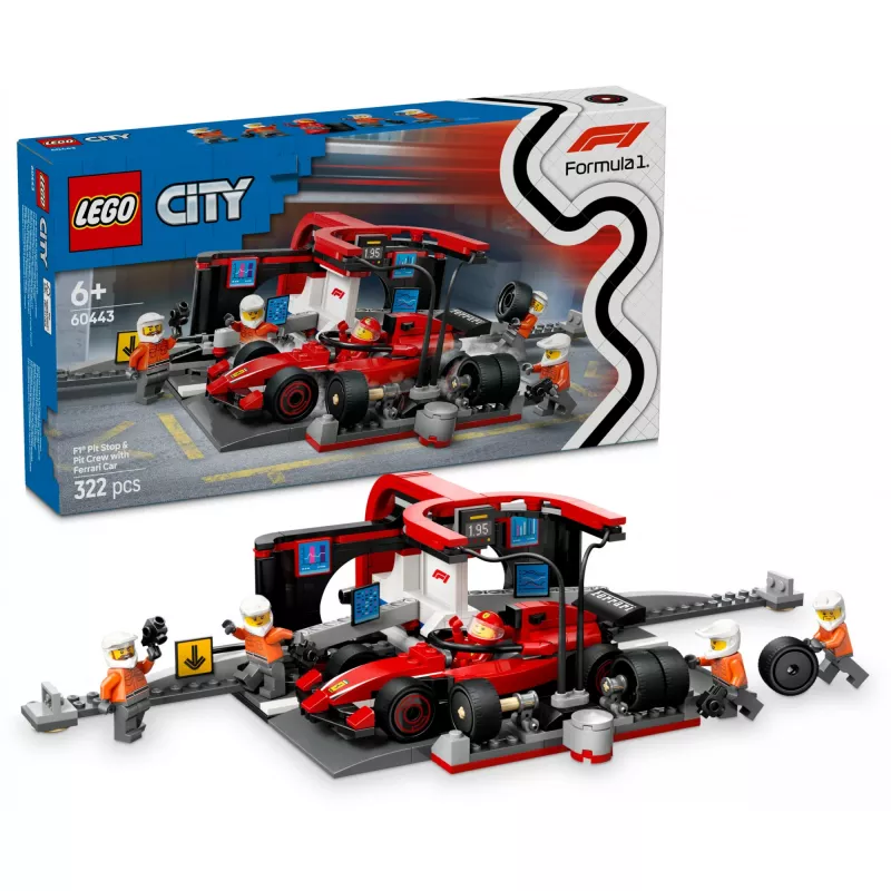 LEGO City F1 Pit Stop set 60443 — Ferrari F1 car, 322 pieces, 5 minifigures, age 6+