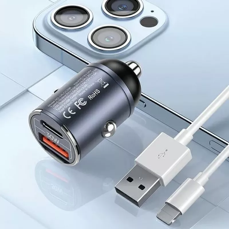 Car charger usams C38 30W — 1x USB-A + 1x USB-C fast charge