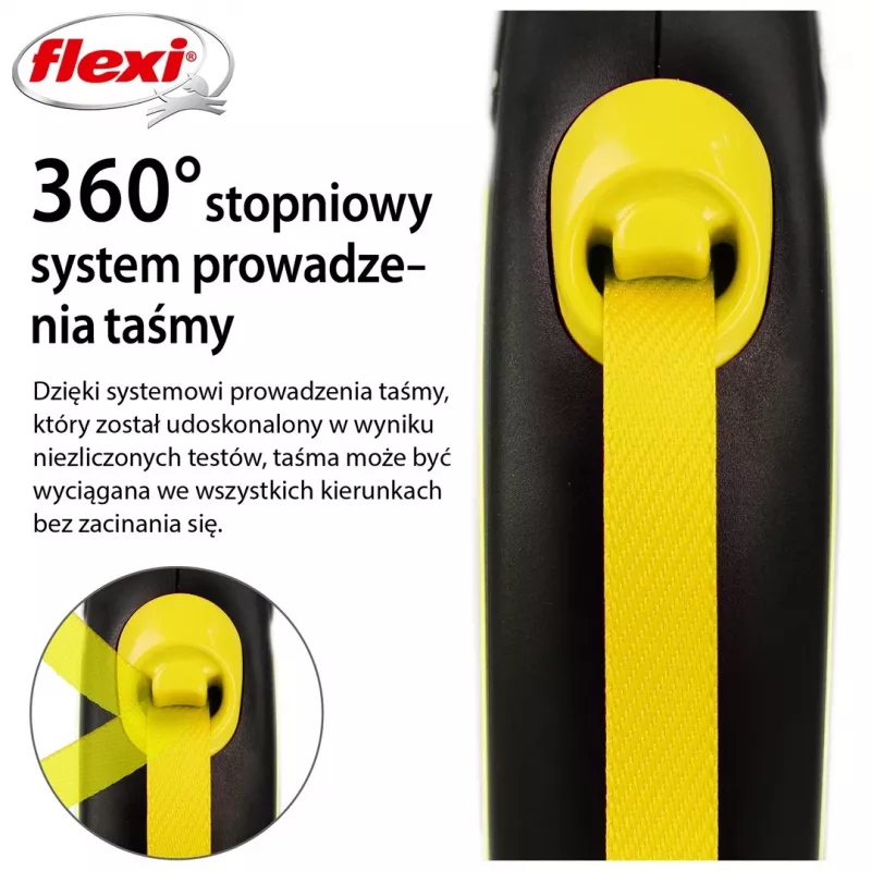 Retractable lead Flexi New NEON 5 m - tape leash, for small dogs up to 15 kg, black/yellow