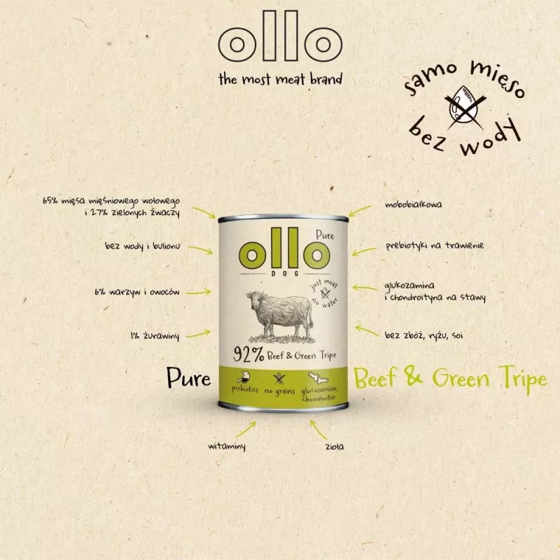 Wet dog food OLLO Pure Beef and Green Tripe 400 g can — adult, protein 14.5%, fat 11.9%, moisture 69%