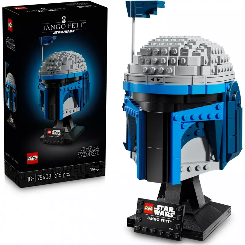 Collectible LEGO Star Wars helmet accessory Jango Fett 75408 — 616 pieces, 210×120×110 mm display model