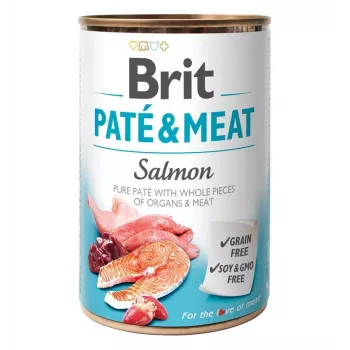 Wet dog food Brit Paté & Meat with Salmon 400 g — complete canned meal for adult dogs, 75% moisture, 11% protein, 9% fat