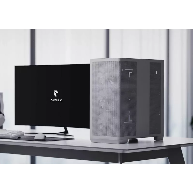 APNX PC Midi Tower C1-R-WT-v1 — White, supports ATX/Micro-ATX/Mini-ITX, 3x120 mm front fans installed, 3x3.5 inch + 3x2.5 inch bays, USB 3.2 Gen1 x2