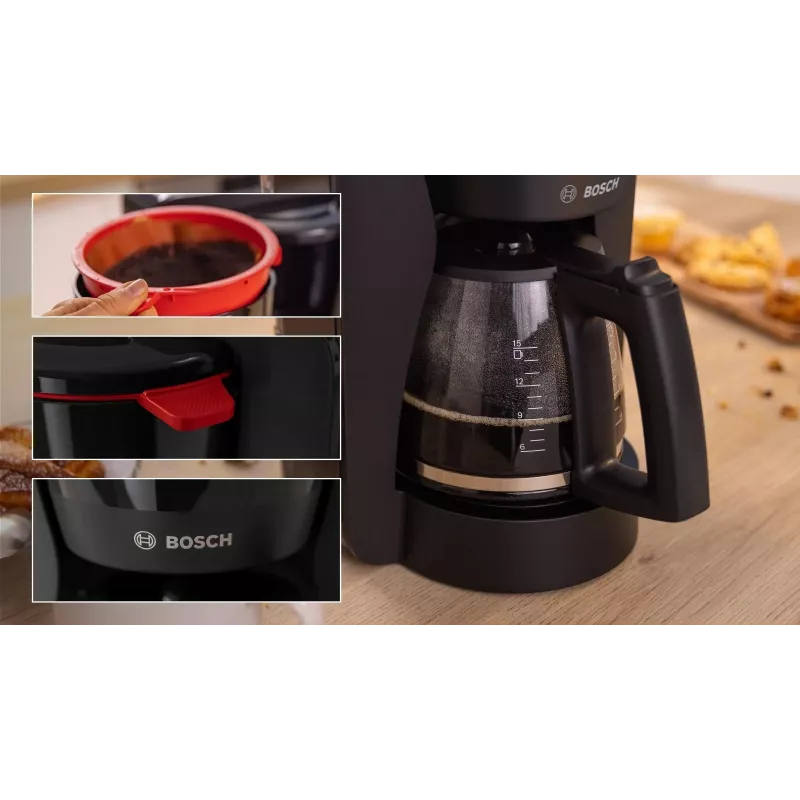 Drip coffee maker Bosch TKA2M113, 1.25 L water tank, 15 cups, black