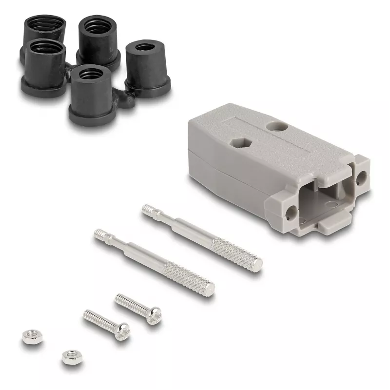 Cable boot DELOCK D-Sub plastic housing for 9‑pin male/female with rubber seals, grey, 31.2×47.9×16.6 mm