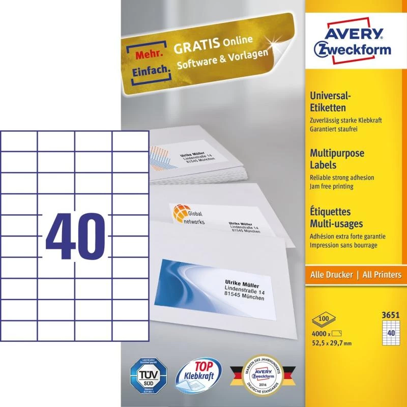 Avery Zweckform 3651 Universal Labels 52.5 X 29.7 Mm 100 Sheets White