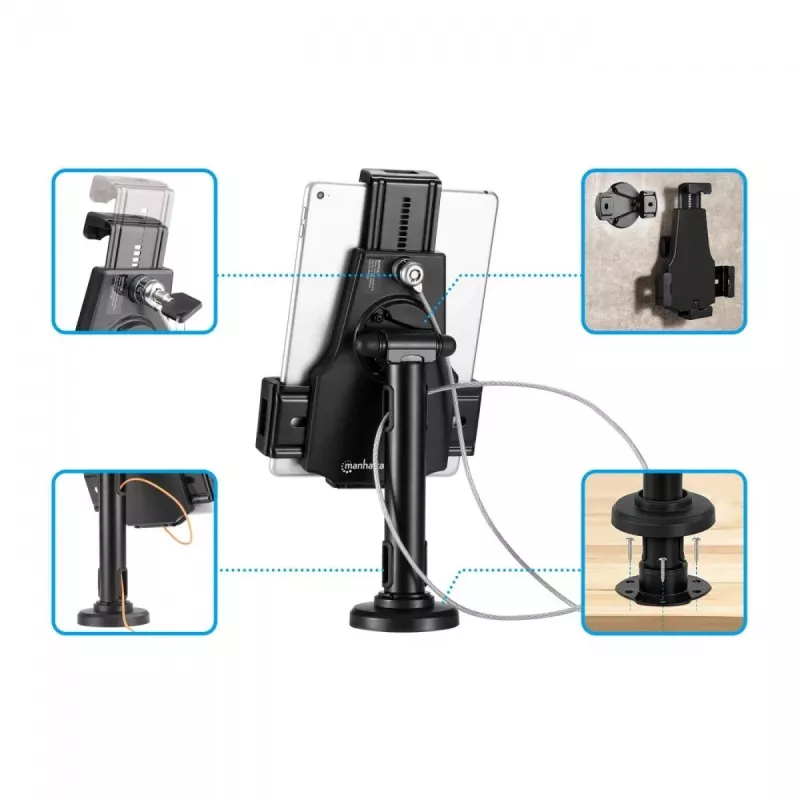 Manhattan iPad & Tablet Desk Stand, Lockable, Wall Mountable, Secure Anti-Theft, 7.9 inch to 10.5 inch tablets, 360° Rotation, +/- 70° Tilt, 330° Swivel, Black, Lifetime Warranty