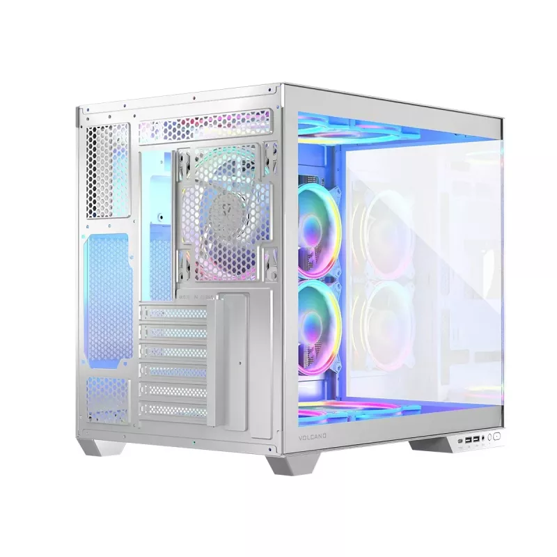 PC case MODECOM Volcano Panorama Midi Tower white — micro ATX, tempered glass, ARGB, USB-C, supports GPU 400 mm