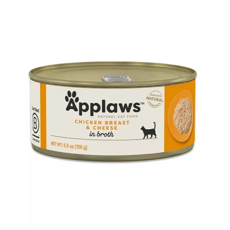 Canned adult cat food Applaws Chicken Breast with Cheese in Broth, 156 g, 15% protein, 2% fat, 80% moisture