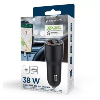 Car mobile device charger Gembird TA-UC-AC2PDQC38-CAR-01, USB-C, 38W, 12–24V, black