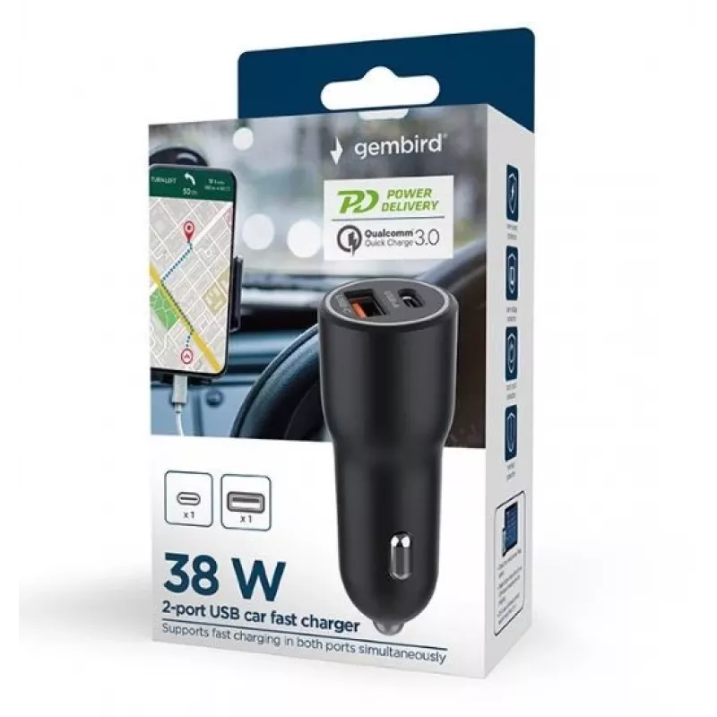 Car mobile device charger Gembird TA-UC-AC2PDQC38-CAR-01, USB-C, 38W, 12–24V, black