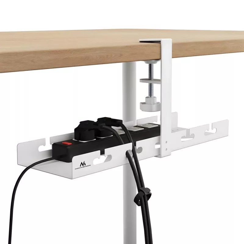 Under-desk cable organizer MACLEAN MC-105 W — steel, white, max load 5 kg, fits desk thickness 0.5–50 mm