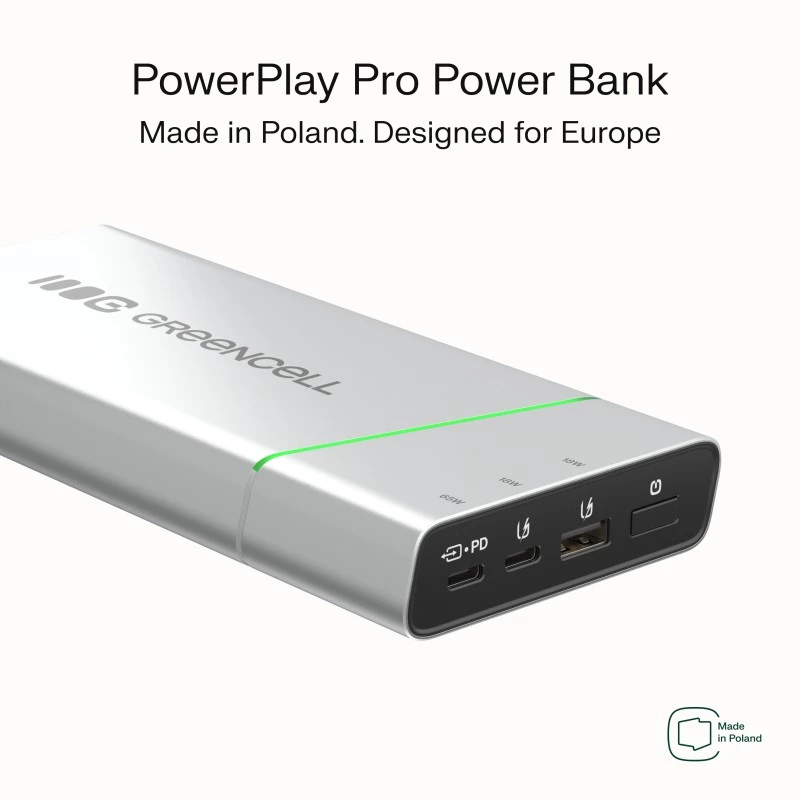Portable battery Green Cell BPLGC20P 20800 mAh Lithium‑Ion, USB‑C PD 65W, 2x USB‑C + 1x USB‑A, aluminium housing