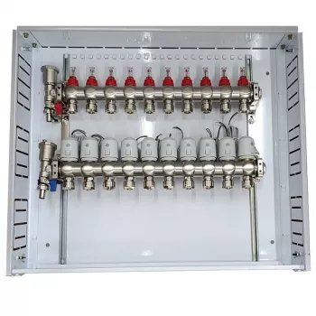 Underfloor Heating Manifold, 10 Circuits, with NC AC230V Thermal Actuators and Flow Meters