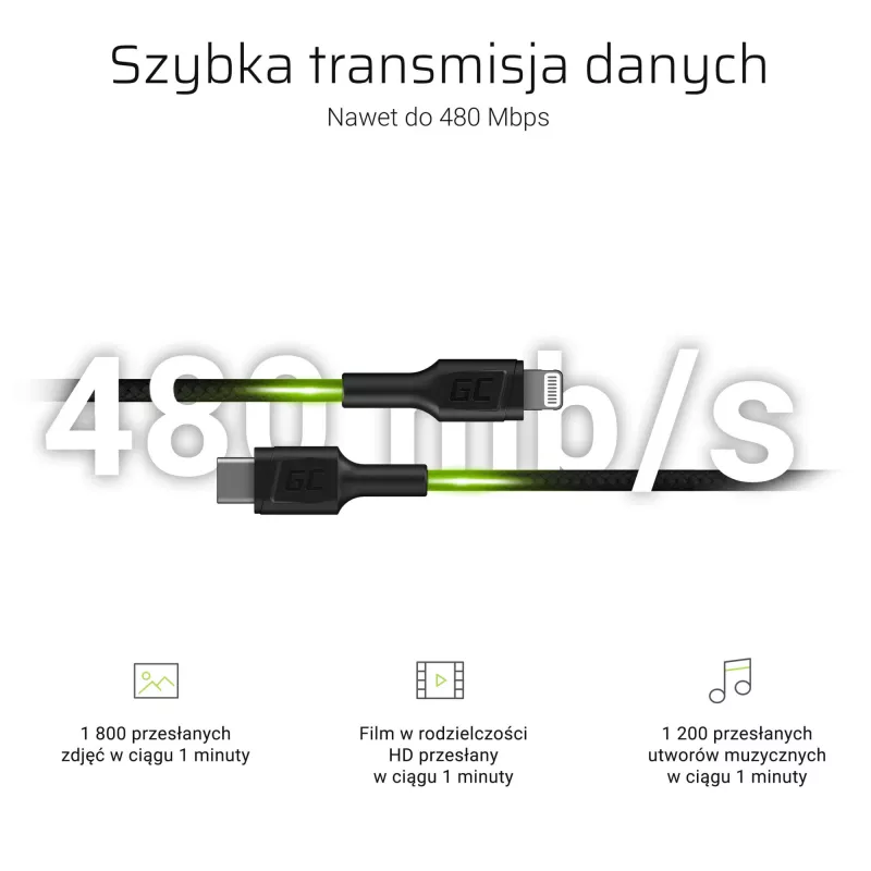 Lightning to USB‑C cable Green Cell KABGC07, 1 m, black, Lightning (male) to USB‑C (male), 480 Mbps