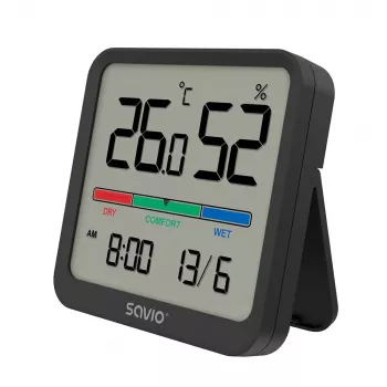 Indoor temperature and humidity sensor SAVIO CT-01/B freestanding, LCD, -10–55°C, 10–99% RH, CR2032