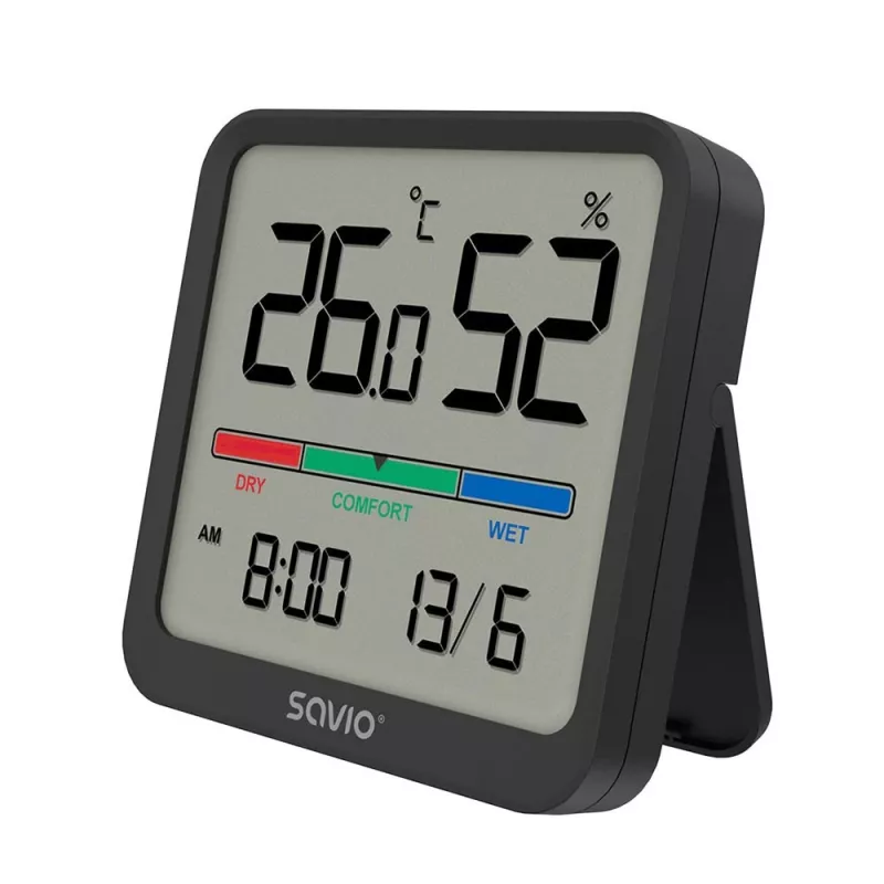 Indoor temperature and humidity sensor SAVIO CT-01/B freestanding, LCD, -10–55°C, 10–99% RH, CR2032