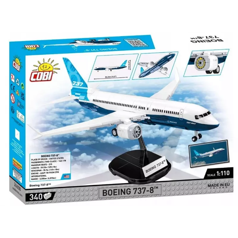 Building set Cobi Boeing 737-8 — 340 pieces, recommended age 7+, blue and white