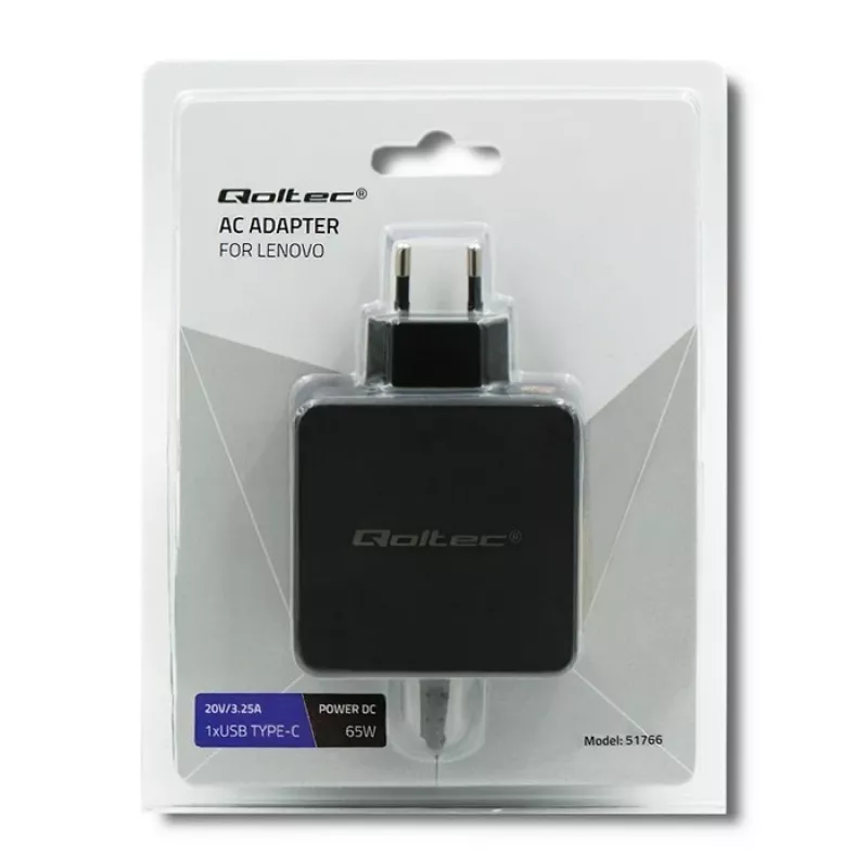 Power adapter QOLTEC 51766 65W AC-to-DC 20V 3.25A for IBM/Lenovo, black, 1.75m cable