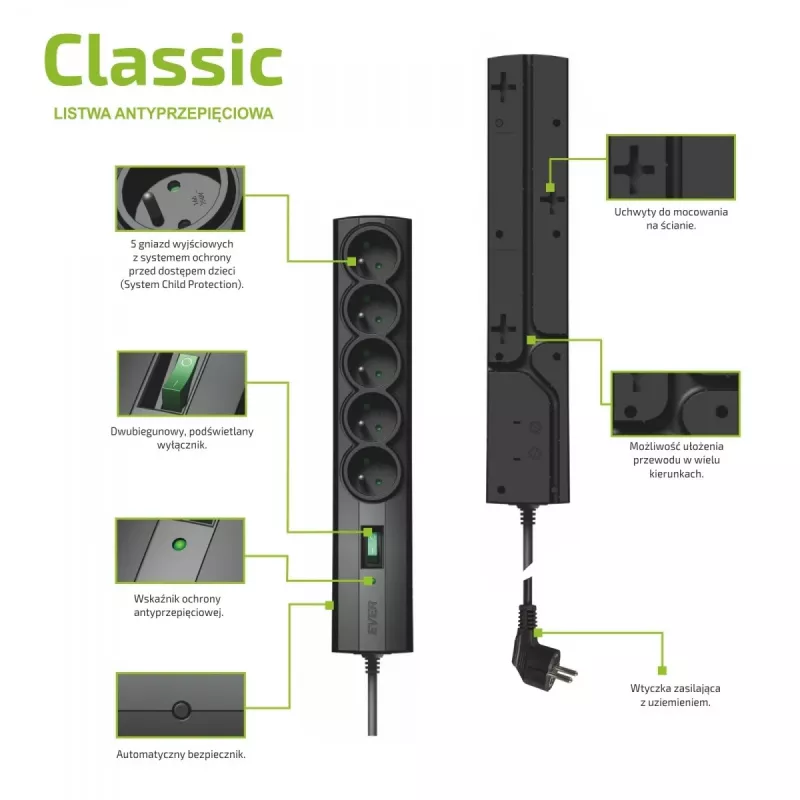 Surge-protected power strip EVER CLASSIC 5x Type E outlets, 250 V, 1.5 m cable, 175 J, with switch