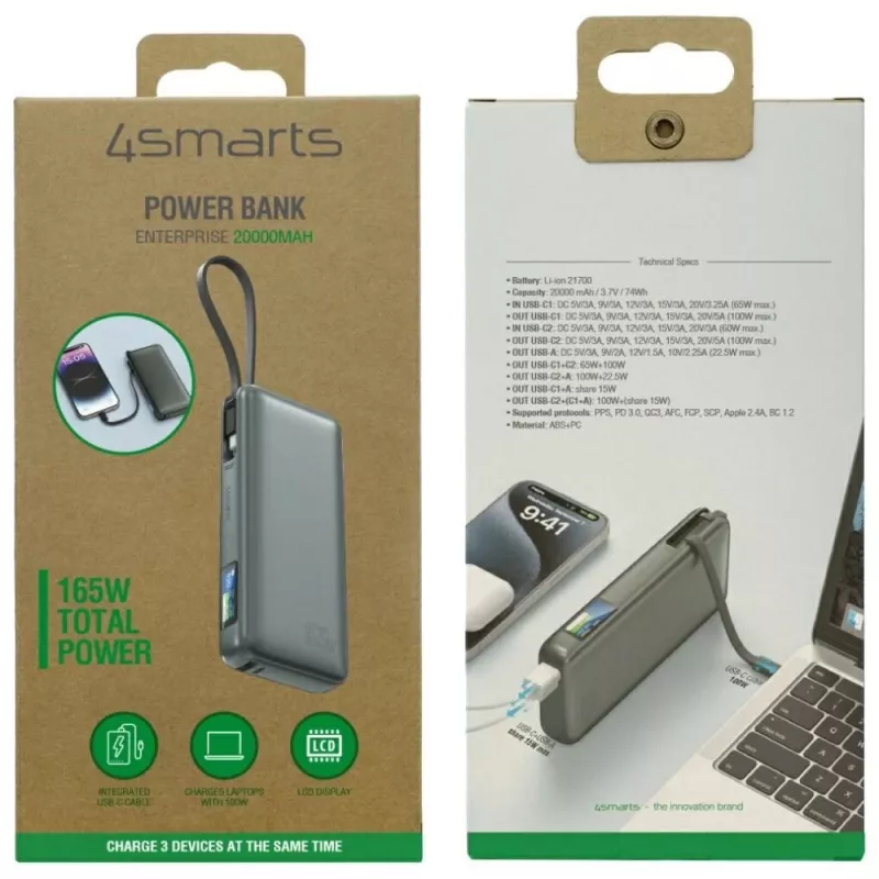 Power bank 4smarts 541603 — Li‑Ion 20000 mAh, USB‑C + USB‑A, 165W total output, 5A, grey