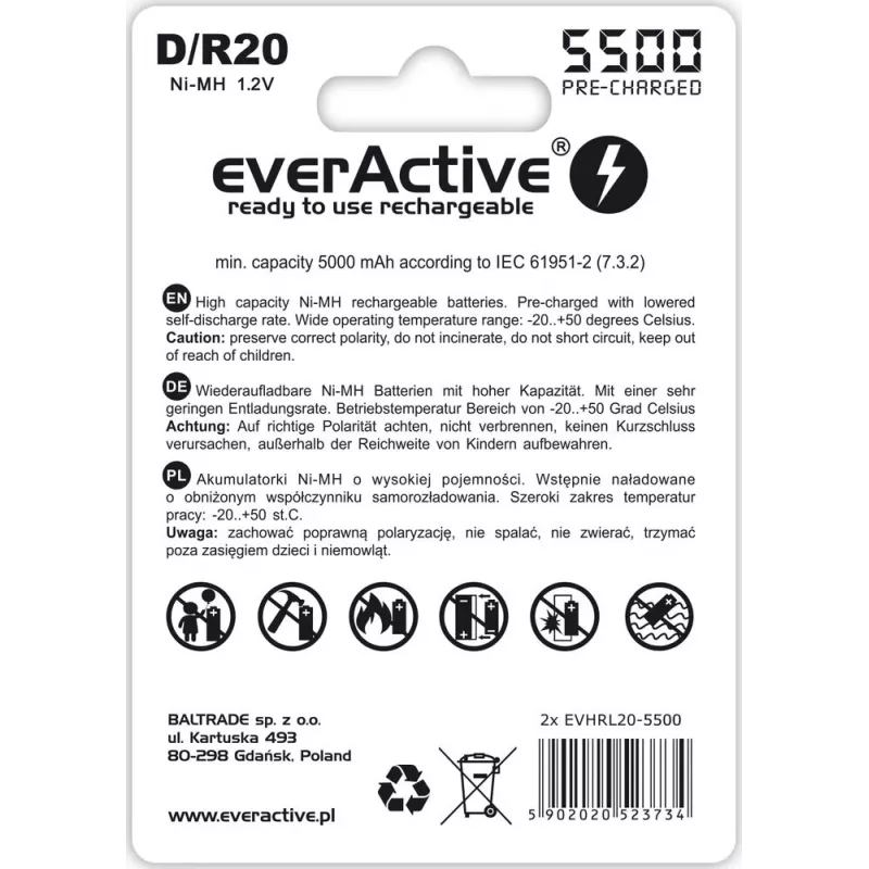Rechargeable battery everActive EVHRL20-5500 D NiMH 1.2V 5500mAh, pack of 2