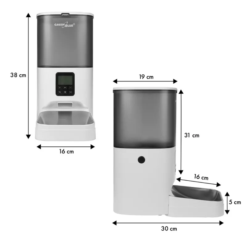 GreenBlue GB393 Automatic Pet Food Dispenser, 6 L, USB 5V/1A, White
