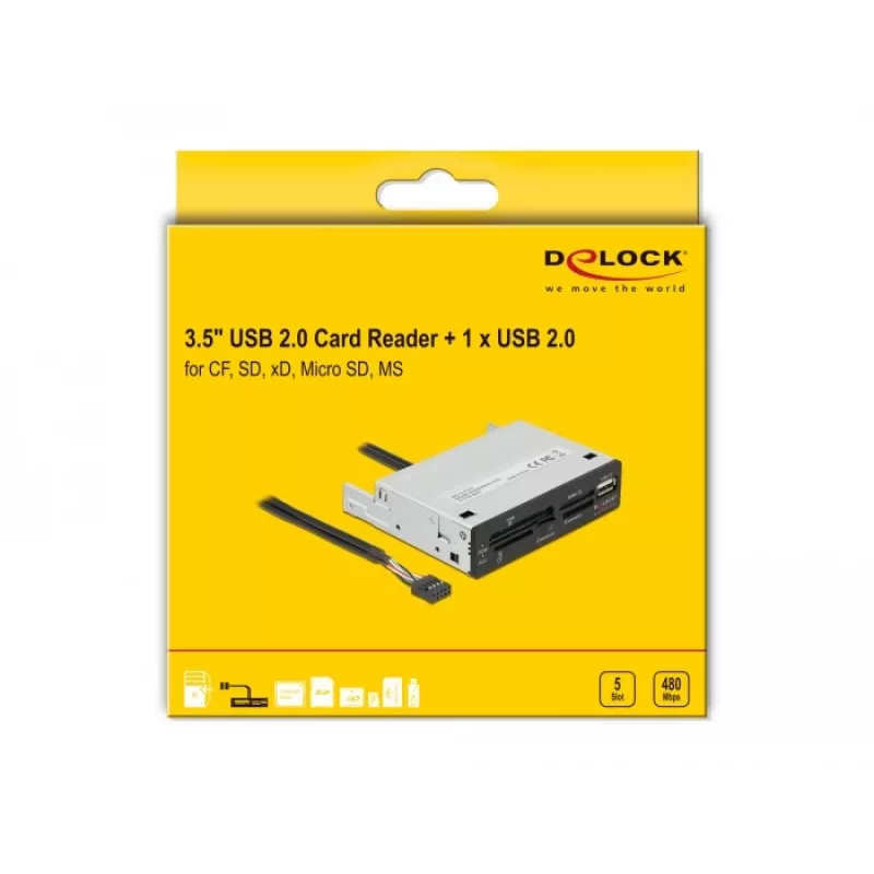 DeLOCK 91708 Card Reader USB 2.0 Internal Black Grey CF SD MicroSD