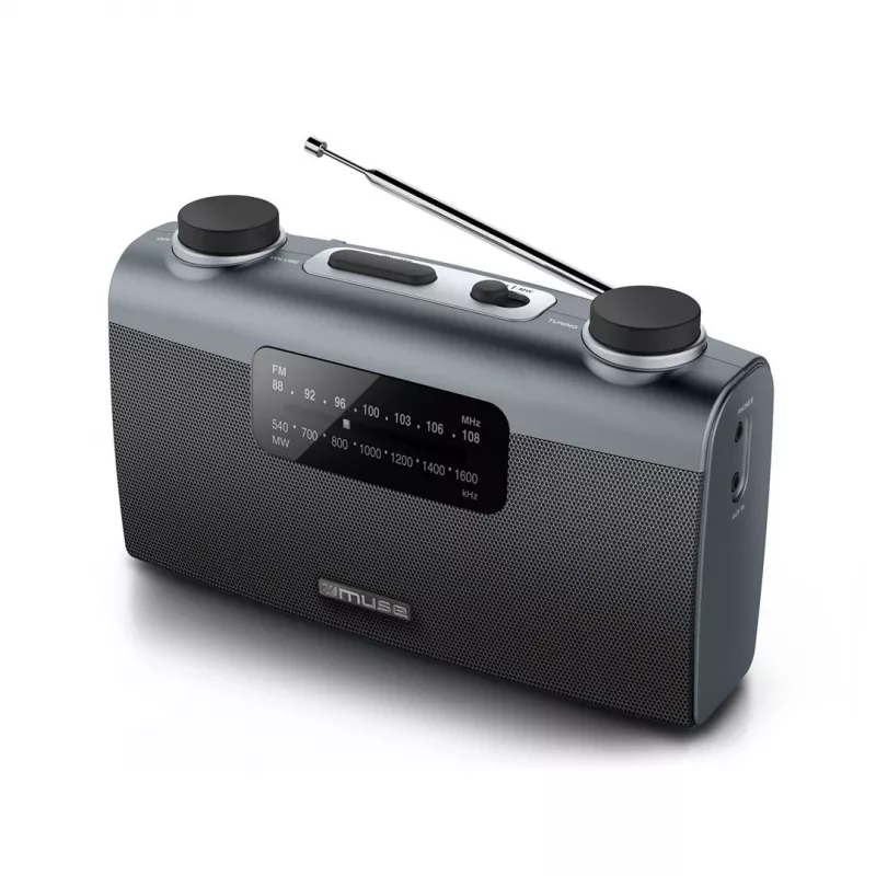 Portable radio Muse M-058 R — AM/FM, rotary volume, battery or AC (230V, 50Hz), black/grey