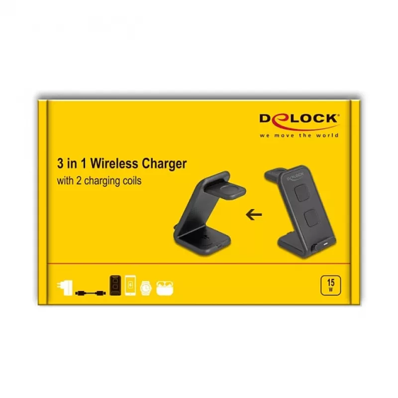 DELOCK 66941 Wireless Charger 3-in-1 for Smartphone Smartwatch Headphones USB Type-C 15W Indoor Black